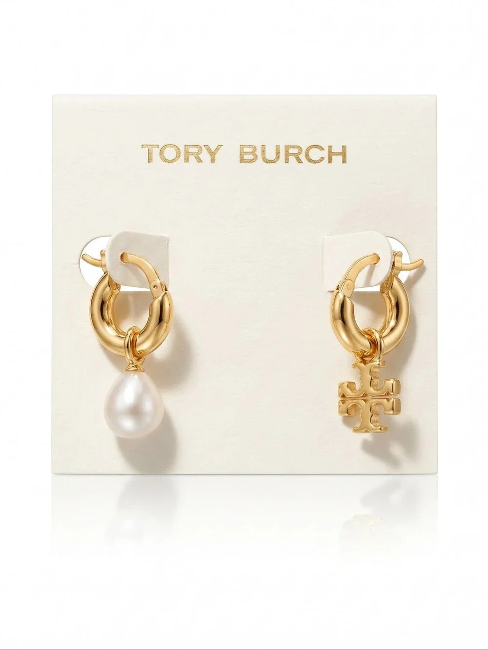 Tory Burch Asymmetrical Gold Hoop Earrings with Pearl Drop and Logo Charm